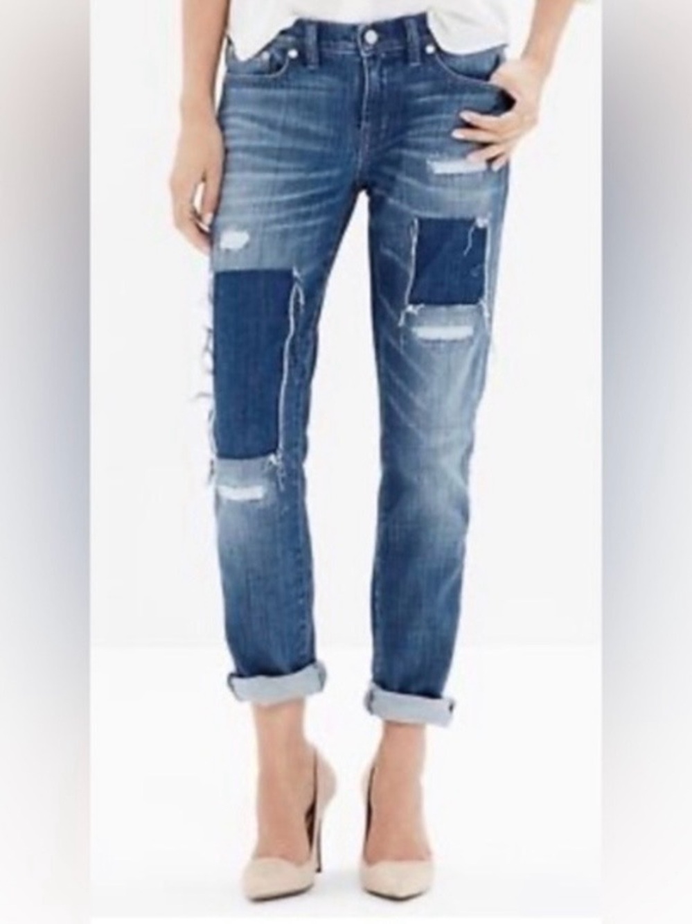 Madewell Blue Patchwork Distressed Boyfriend Jeans